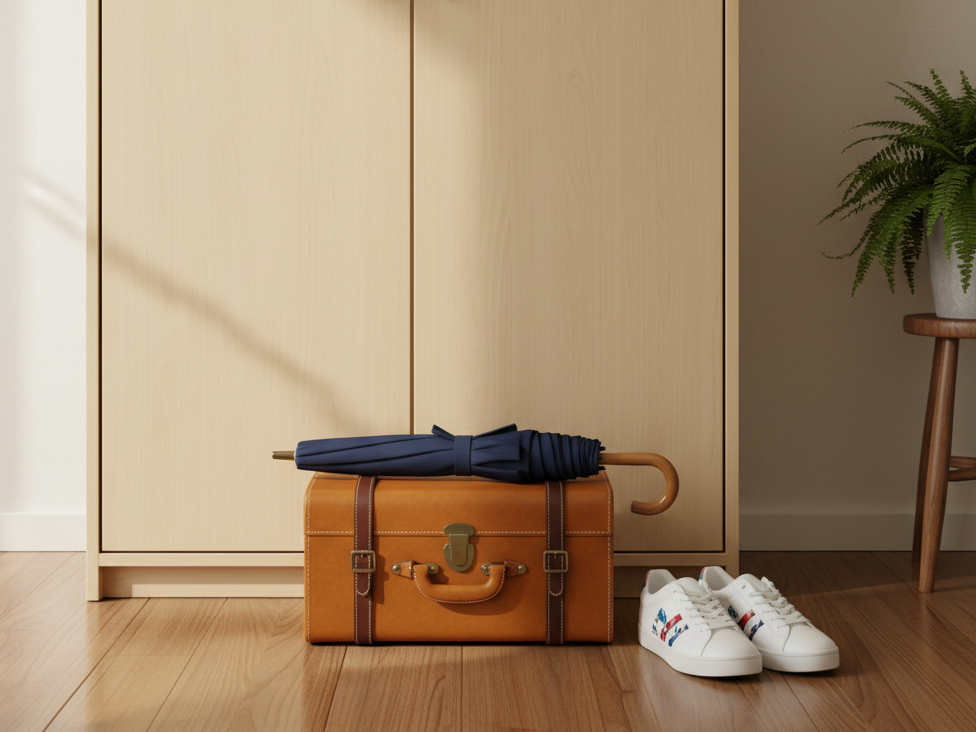 Ein heller Holzschrank steht in einem Raum, davor liegen ein brauner Koffer mit einem blauen Regenschirm darauf und ein Paar weiße Sneaker.